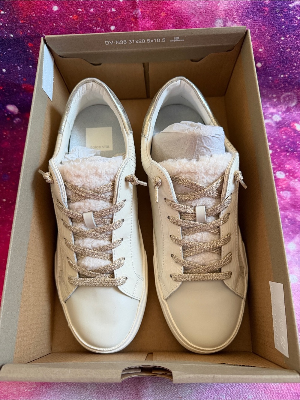 Dolce Vita White Sneakers with Metallic Taupe Laces and Plush Tongue